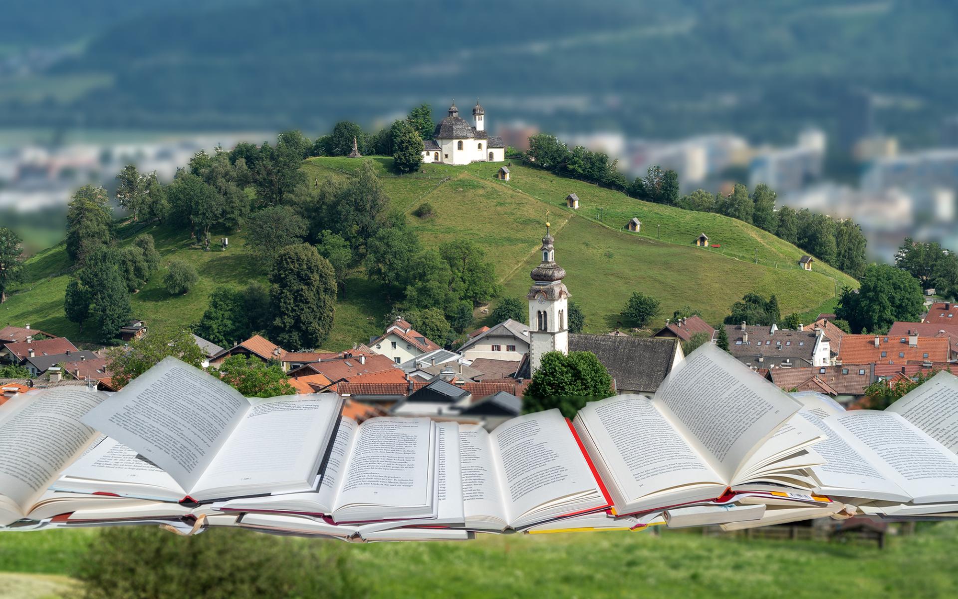 Arzl Richtung Süden Blick Auf Kirche und Kalvarienberg mit Büchern